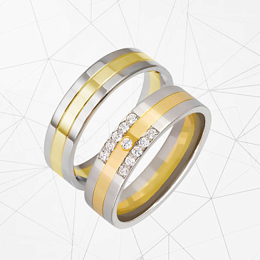 Парные обручальные кольца двухсплавные из белого и желтого золота