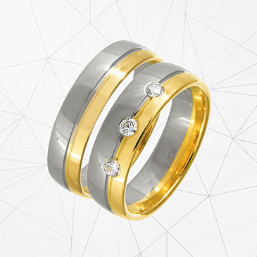 Парные обручальные кольца широкие из белого и желтого золота с гранью